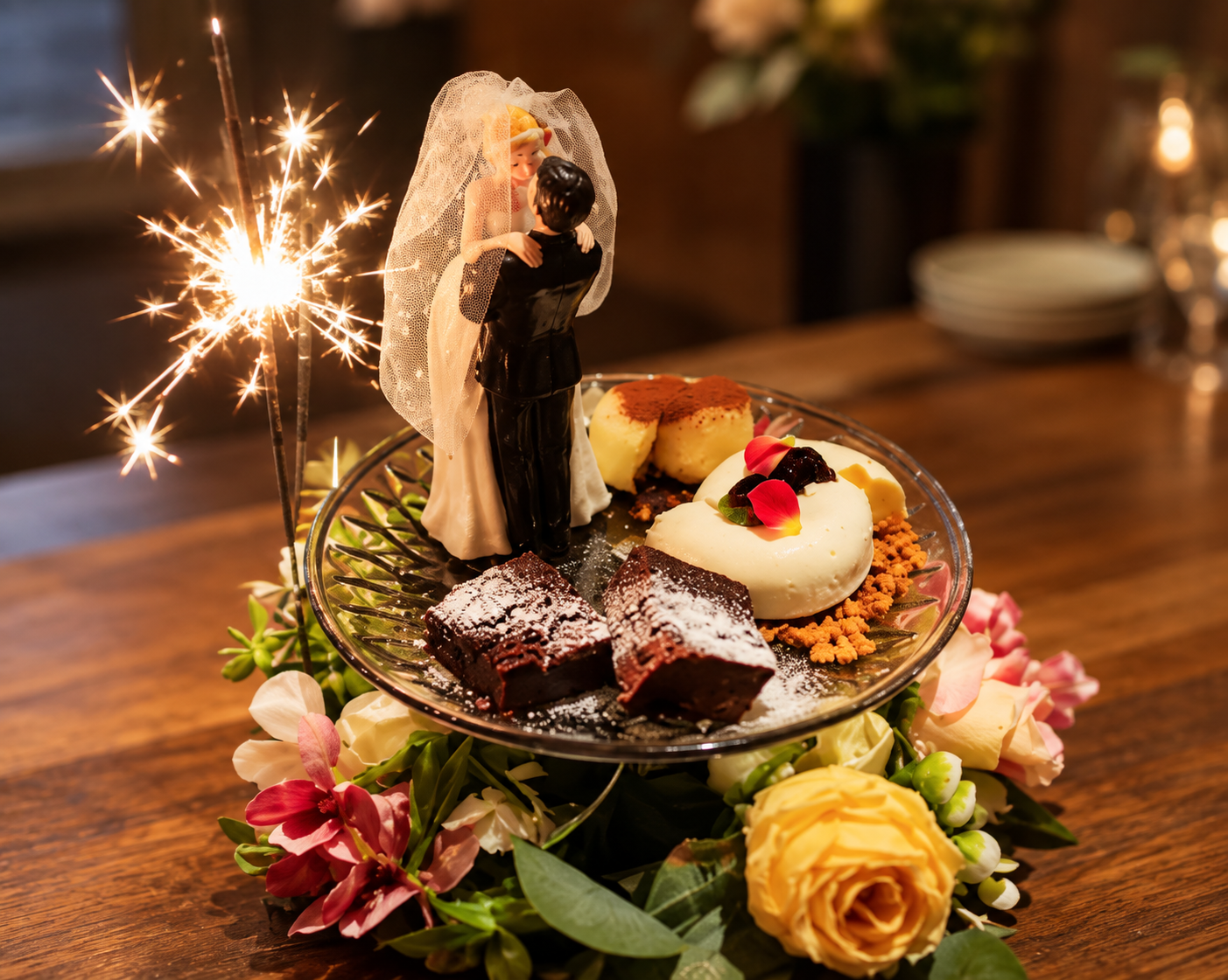花とスパークラーとウェディングの人形を添えたドルチェプレート
